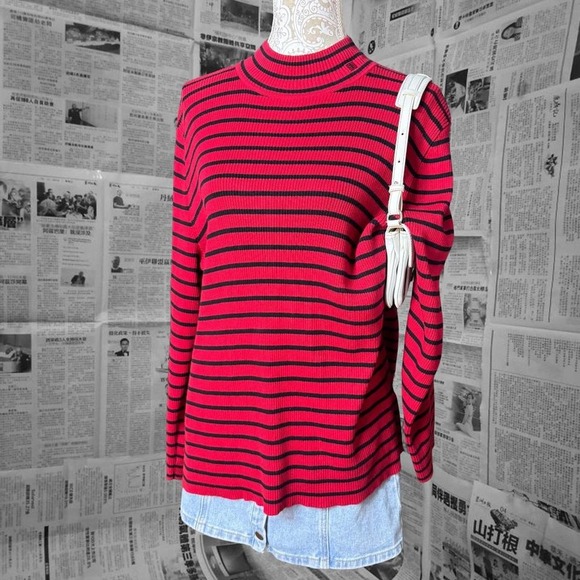 Lauren Ralph Lauren Red Black Striped Ribbed Knit Mock Neck Sweater 3X - Picture 1 of 5